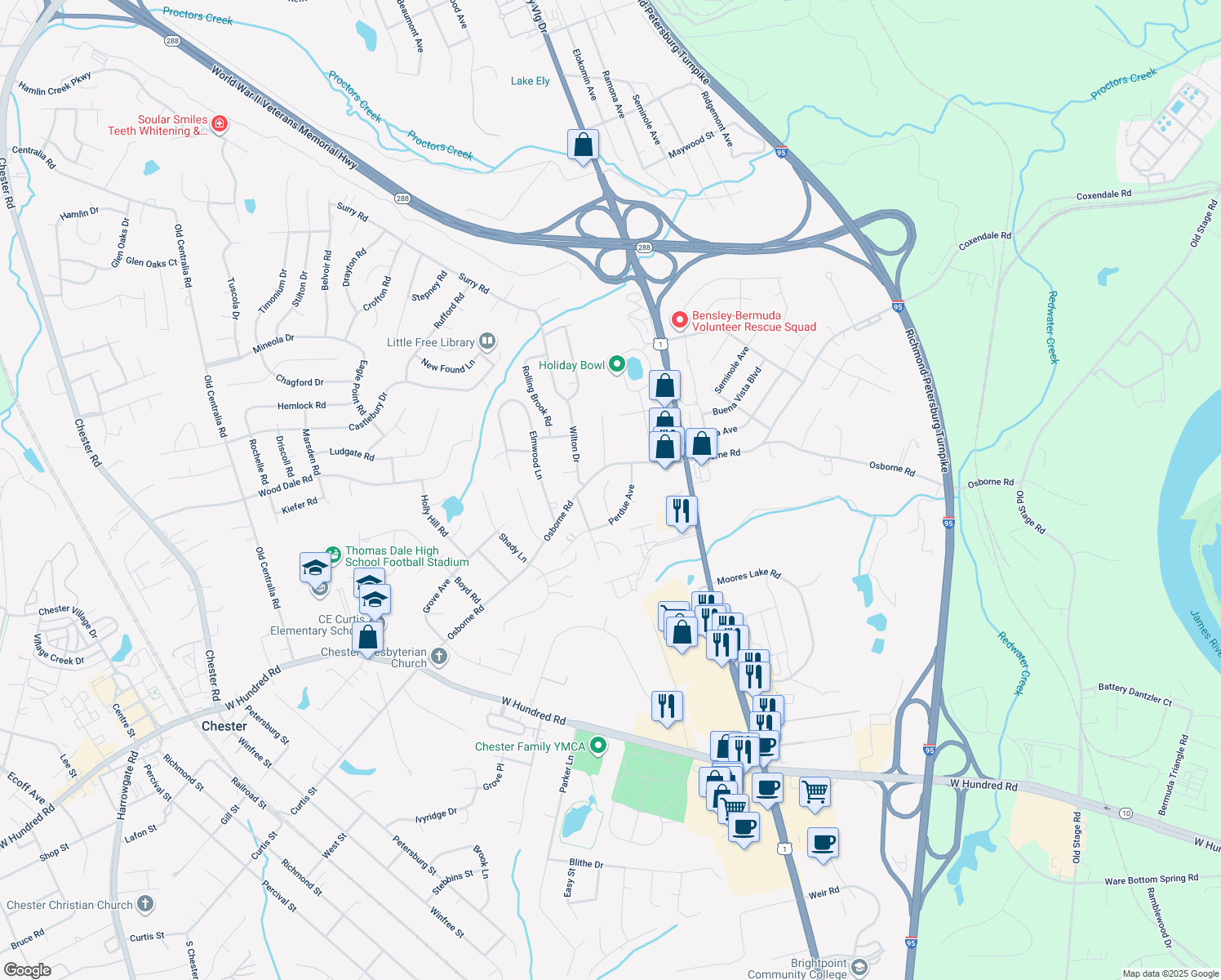 map of restaurants, bars, coffee shops, grocery stores, and more near 11705 Perdue Terrace in Chester