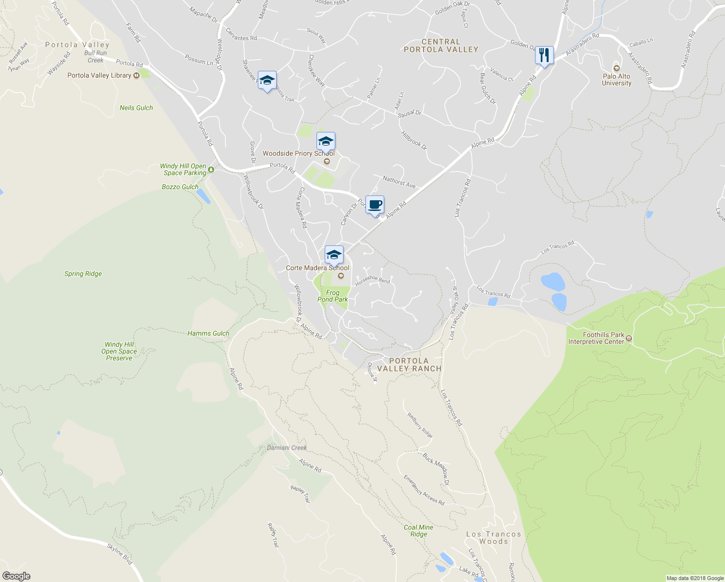 map of restaurants, bars, coffee shops, grocery stores, and more near 35 Bear Paw in Portola Valley