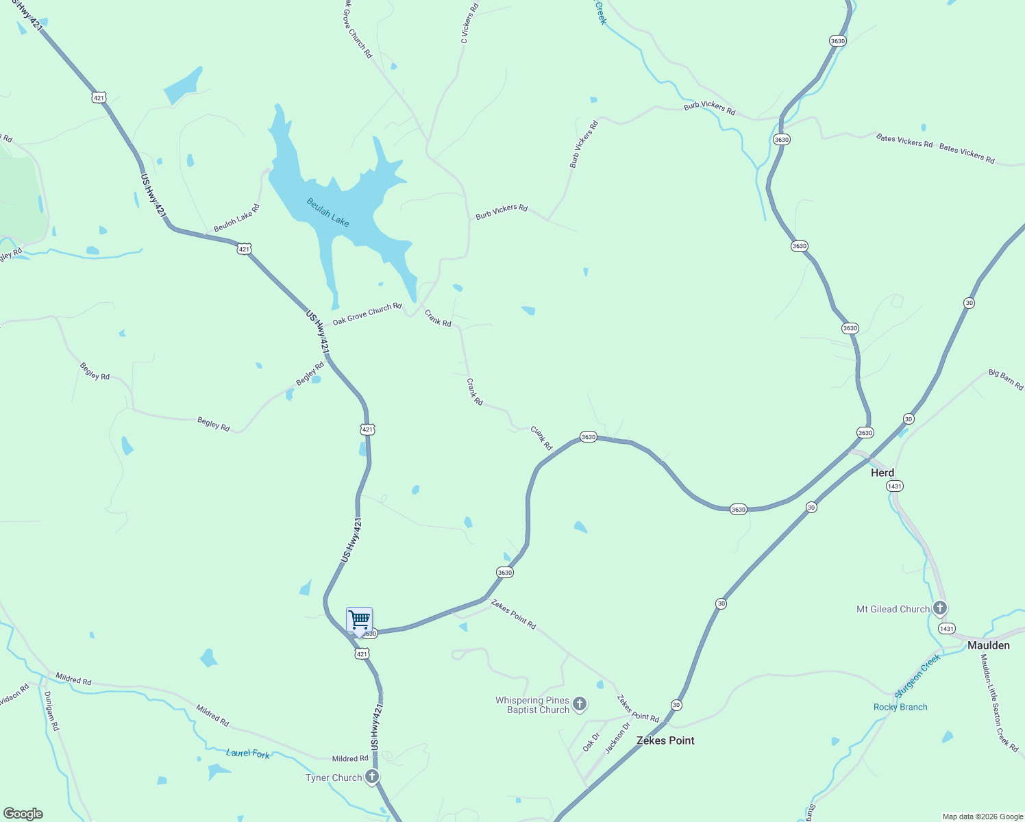 map of restaurants, bars, coffee shops, grocery stores, and more near Crank Road in Tyner