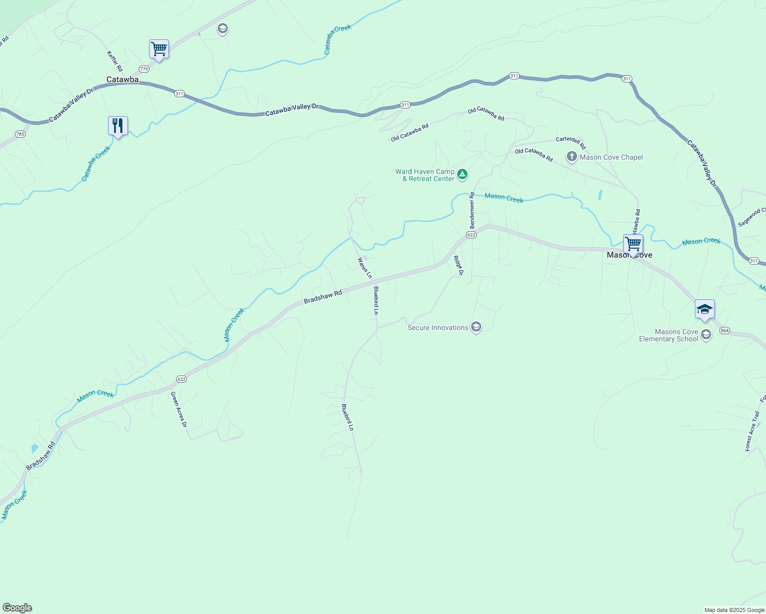 map of restaurants, bars, coffee shops, grocery stores, and more near 4251 Bluebird Lane in Salem