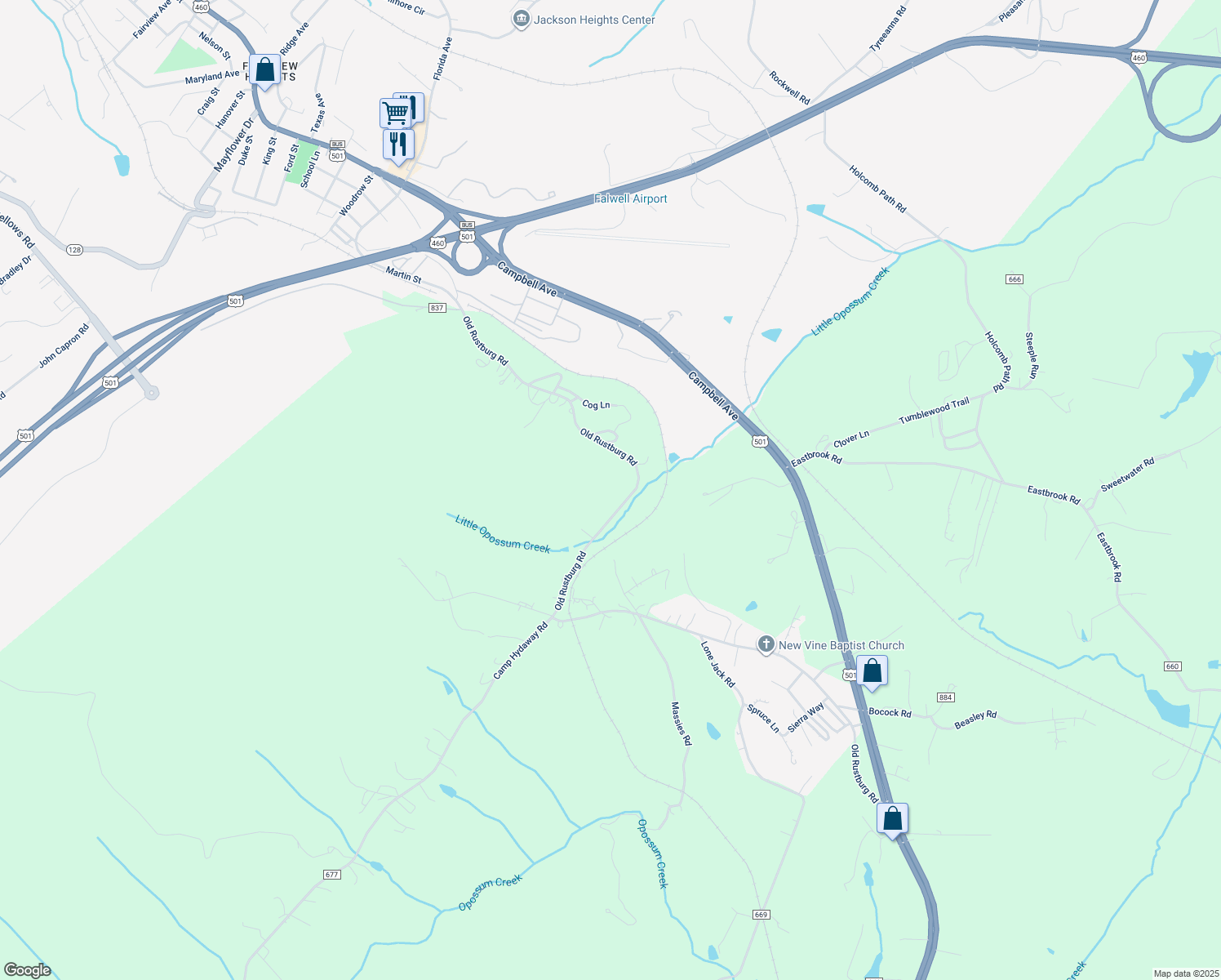 map of restaurants, bars, coffee shops, grocery stores, and more near 1720 Old Rustburg Road in Lynchburg