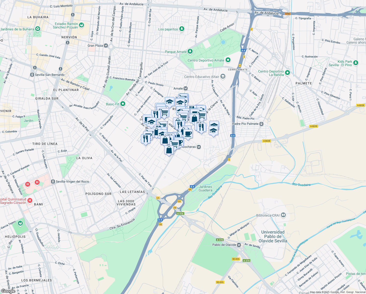 map of restaurants, bars, coffee shops, grocery stores, and more near 2 Calle Ocho de Marzo in Sevilla