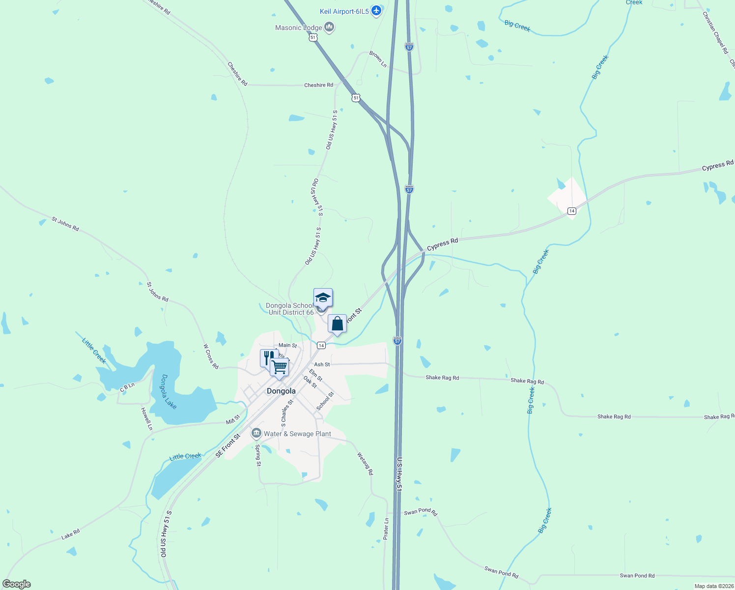 map of restaurants, bars, coffee shops, grocery stores, and more near Old Anna Rd in Dongola