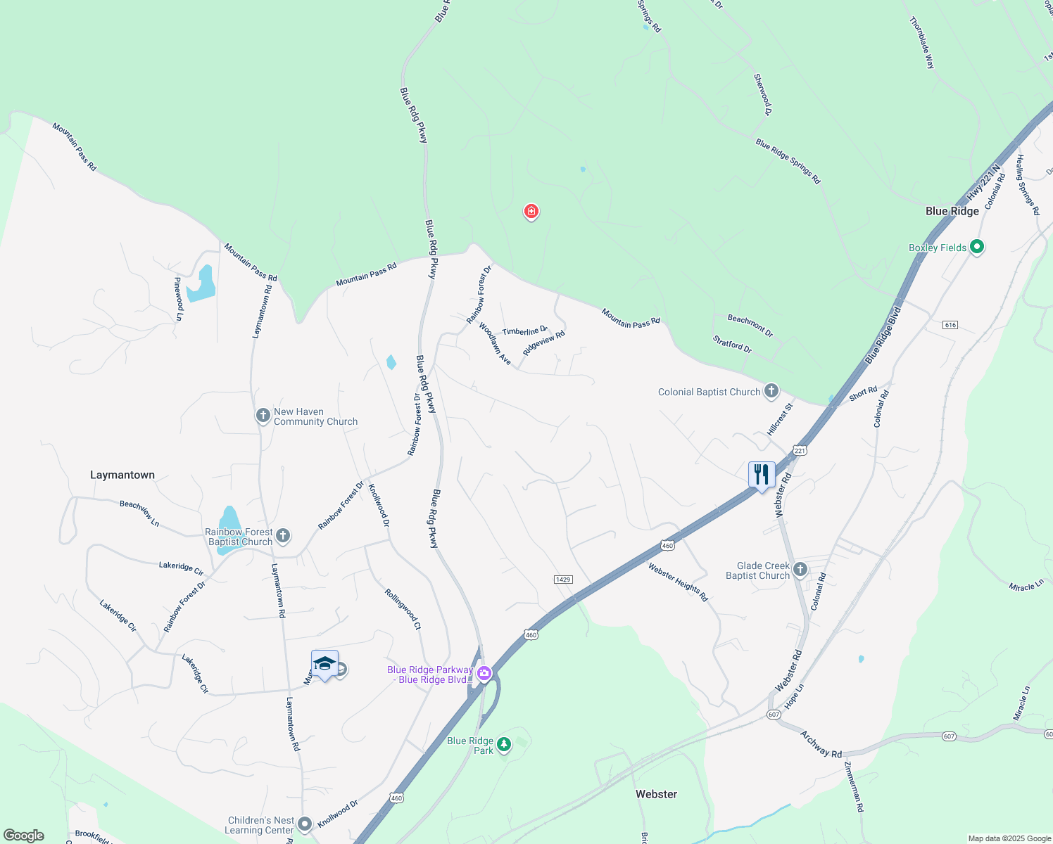map of restaurants, bars, coffee shops, grocery stores, and more near 374 Stonebridge Drive in Blue Ridge