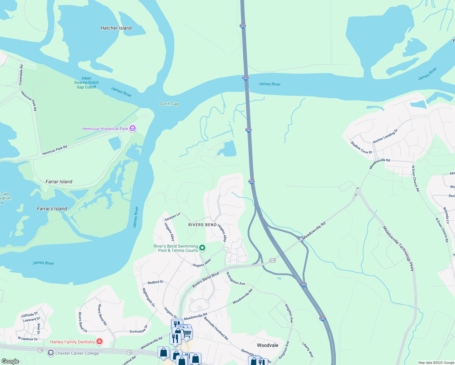 map of restaurants, bars, coffee shops, grocery stores, and more near 11843 Club Ridge Drive in Chester