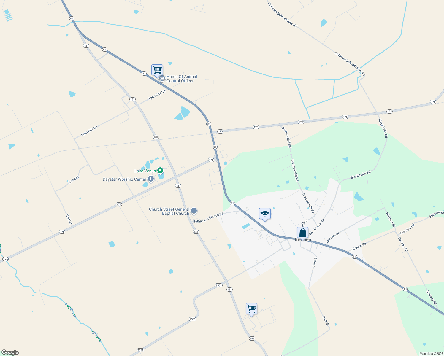 map of restaurants, bars, coffee shops, grocery stores, and more near Highway 81 in Bremen