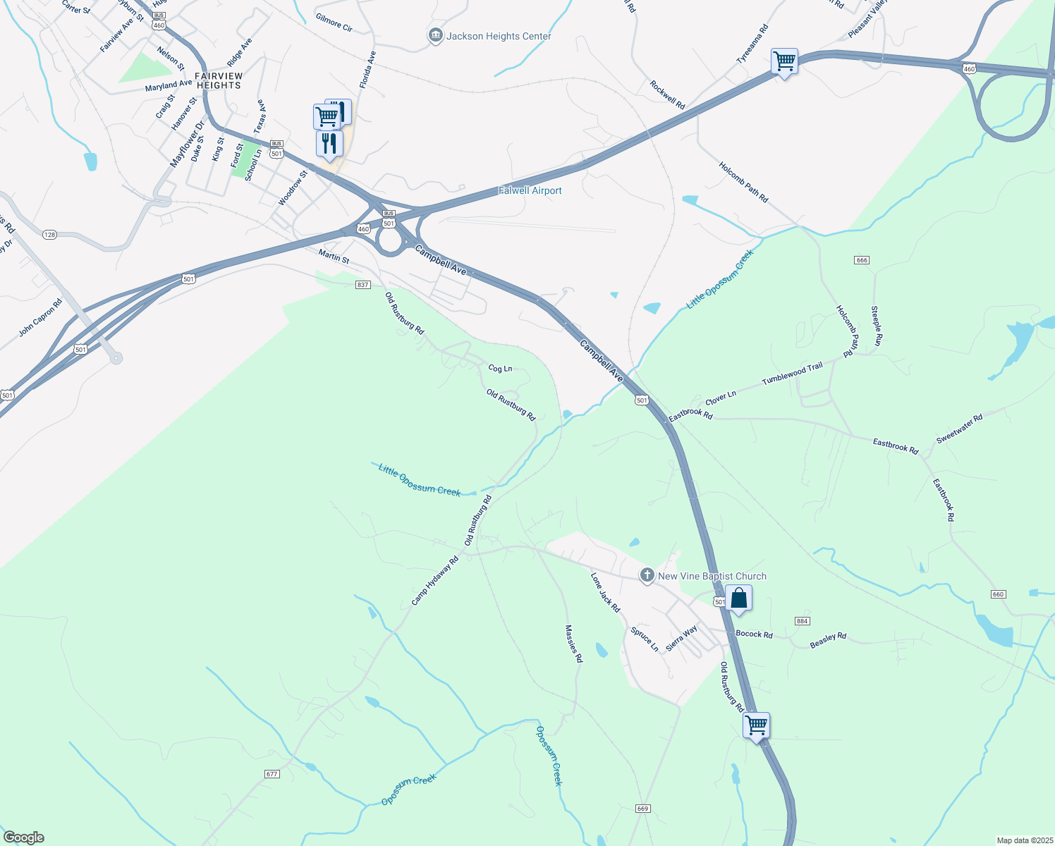 map of restaurants, bars, coffee shops, grocery stores, and more near 1720 Old Rustburg Road in Lynchburg
