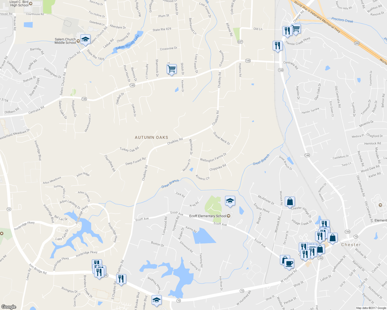 map of restaurants, bars, coffee shops, grocery stores, and more near 10661 Michmar Drive in Chester
