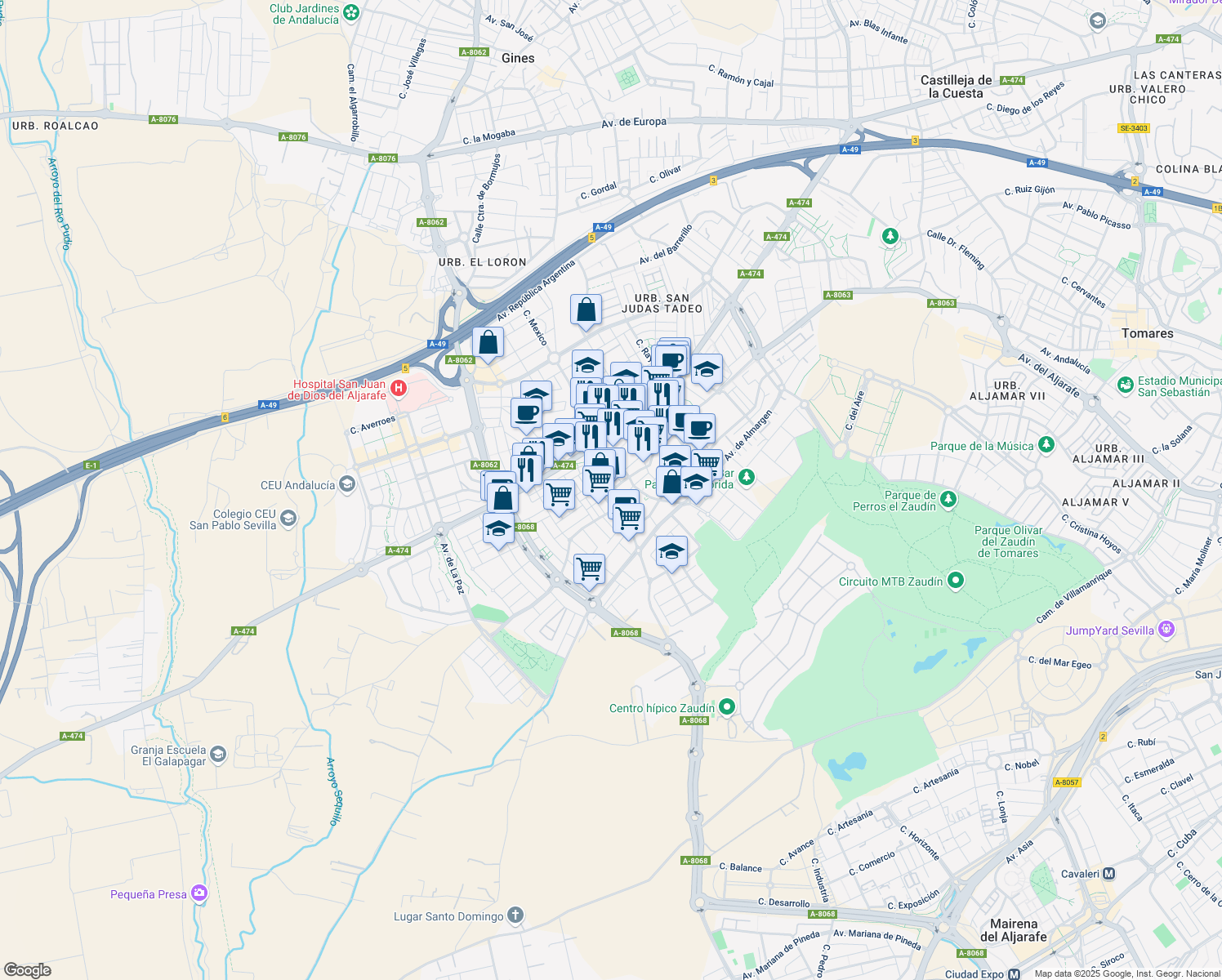 map of restaurants, bars, coffee shops, grocery stores, and more near 22 Calle Atarazana in Bormujos