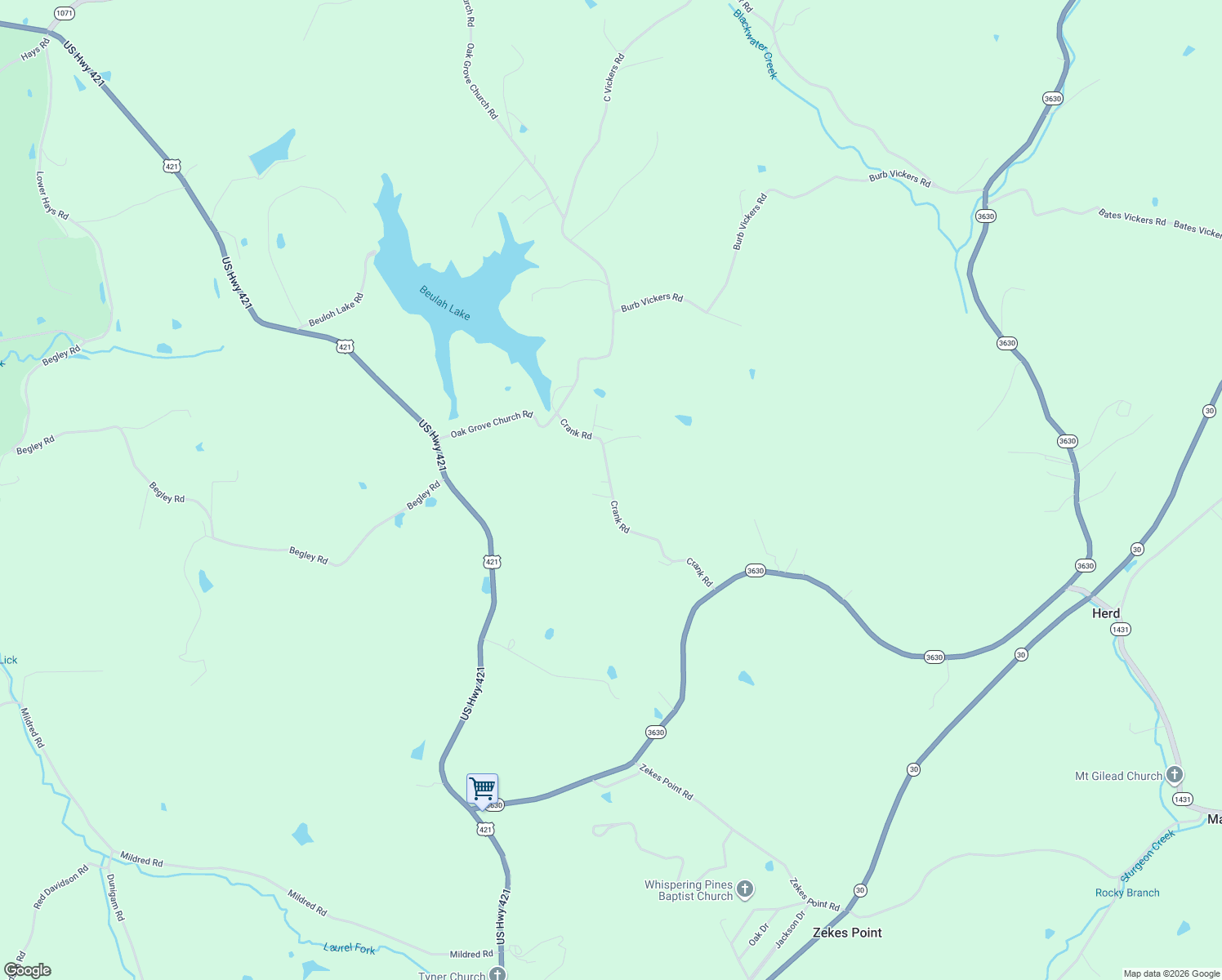 map of restaurants, bars, coffee shops, grocery stores, and more near Crank Road in Tyner