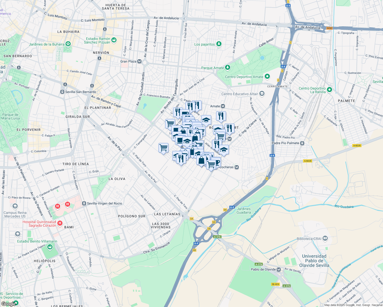 map of restaurants, bars, coffee shops, grocery stores, and more near 97 Avenida de Hytasa in Sevilla