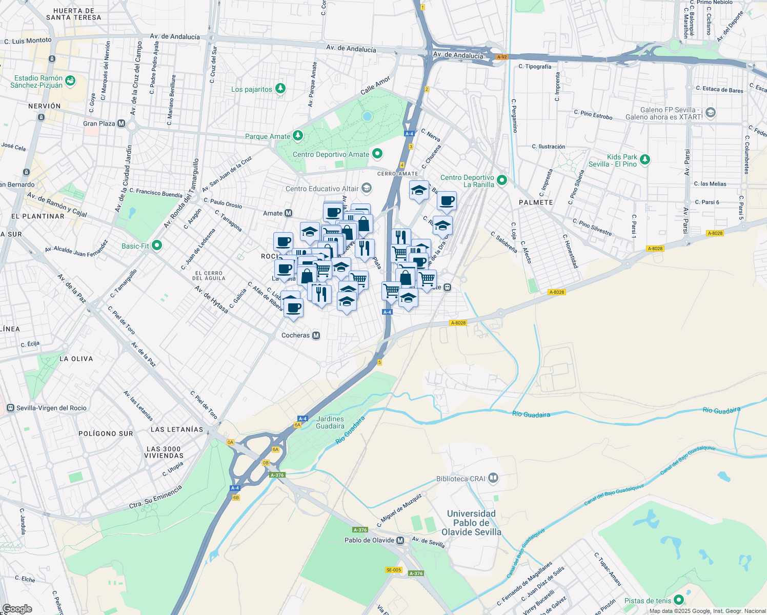 map of restaurants, bars, coffee shops, grocery stores, and more near 11 Calle Valentina Pinelo in Sevilla
