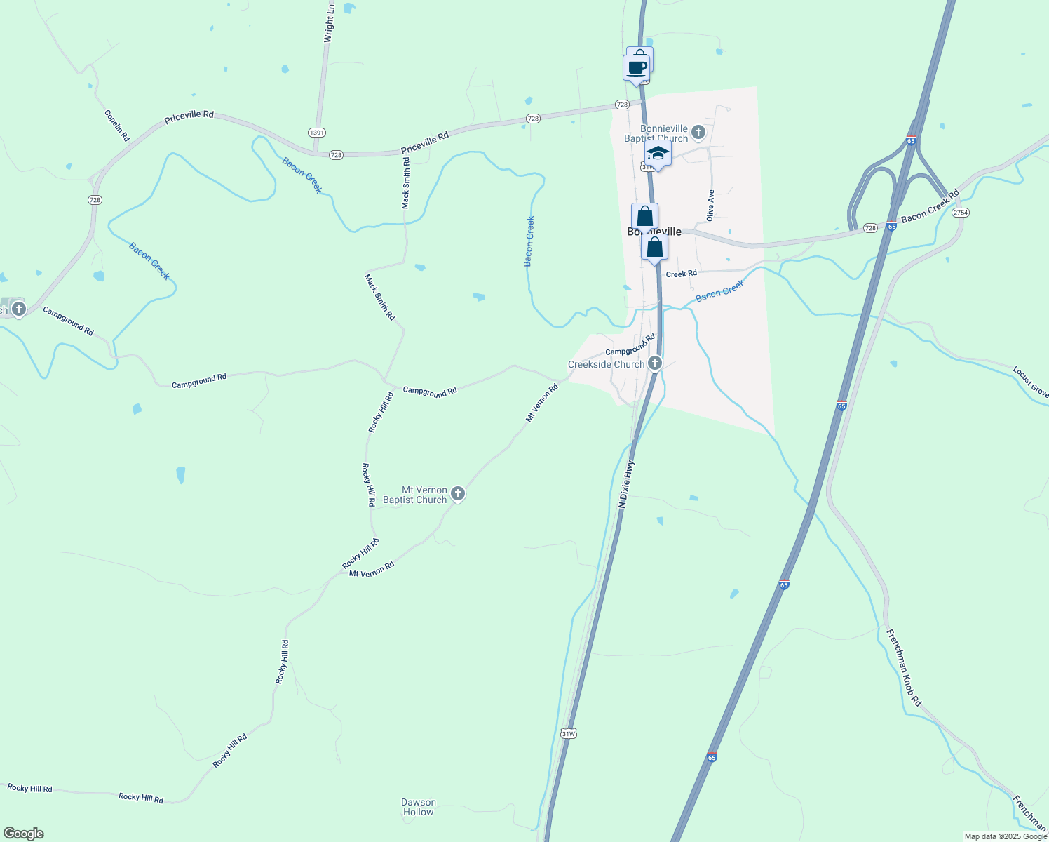 map of restaurants, bars, coffee shops, grocery stores, and more near 142 Mount Vernon Road in Bonnieville