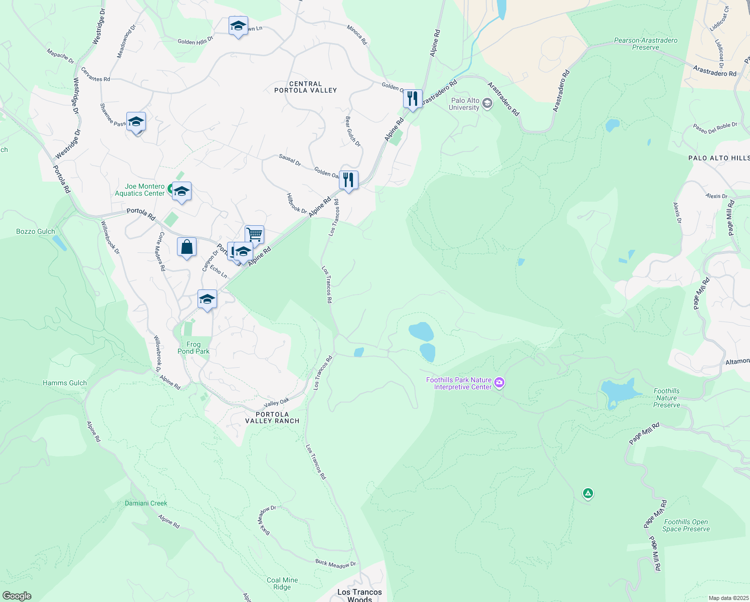 map of restaurants, bars, coffee shops, grocery stores, and more near 630 Los Trancos Road in Portola Valley