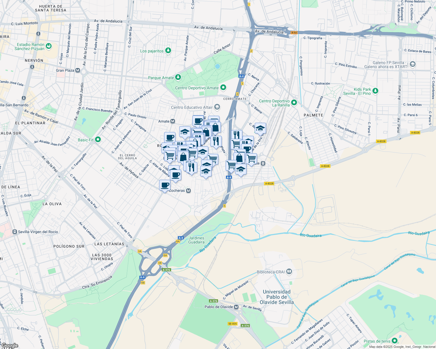 map of restaurants, bars, coffee shops, grocery stores, and more near 88 Calle Ricardo Palma in Sevilla