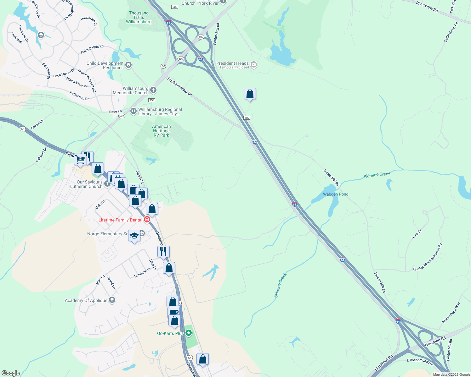 map of restaurants, bars, coffee shops, grocery stores, and more near 121 Wilderness Lane in Williamsburg
