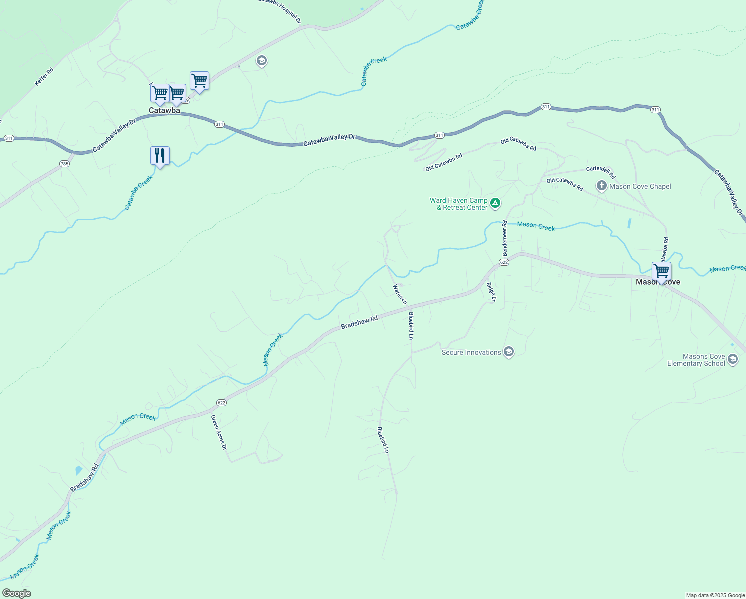 map of restaurants, bars, coffee shops, grocery stores, and more near 4347 Bradshaw Road in Salem