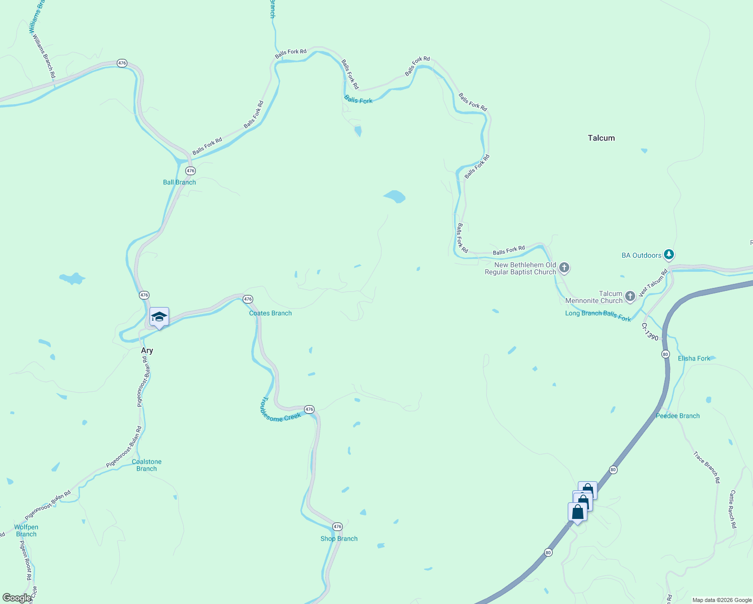 map of restaurants, bars, coffee shops, grocery stores, and more near 740 Coates Branch Road in Hazard