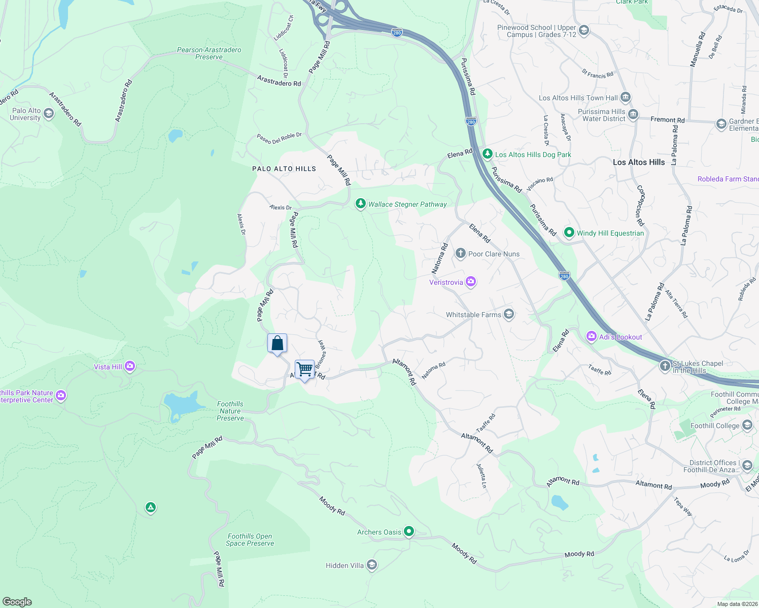 map of restaurants, bars, coffee shops, grocery stores, and more near 27769 Edgerton Road in Los Altos Hills