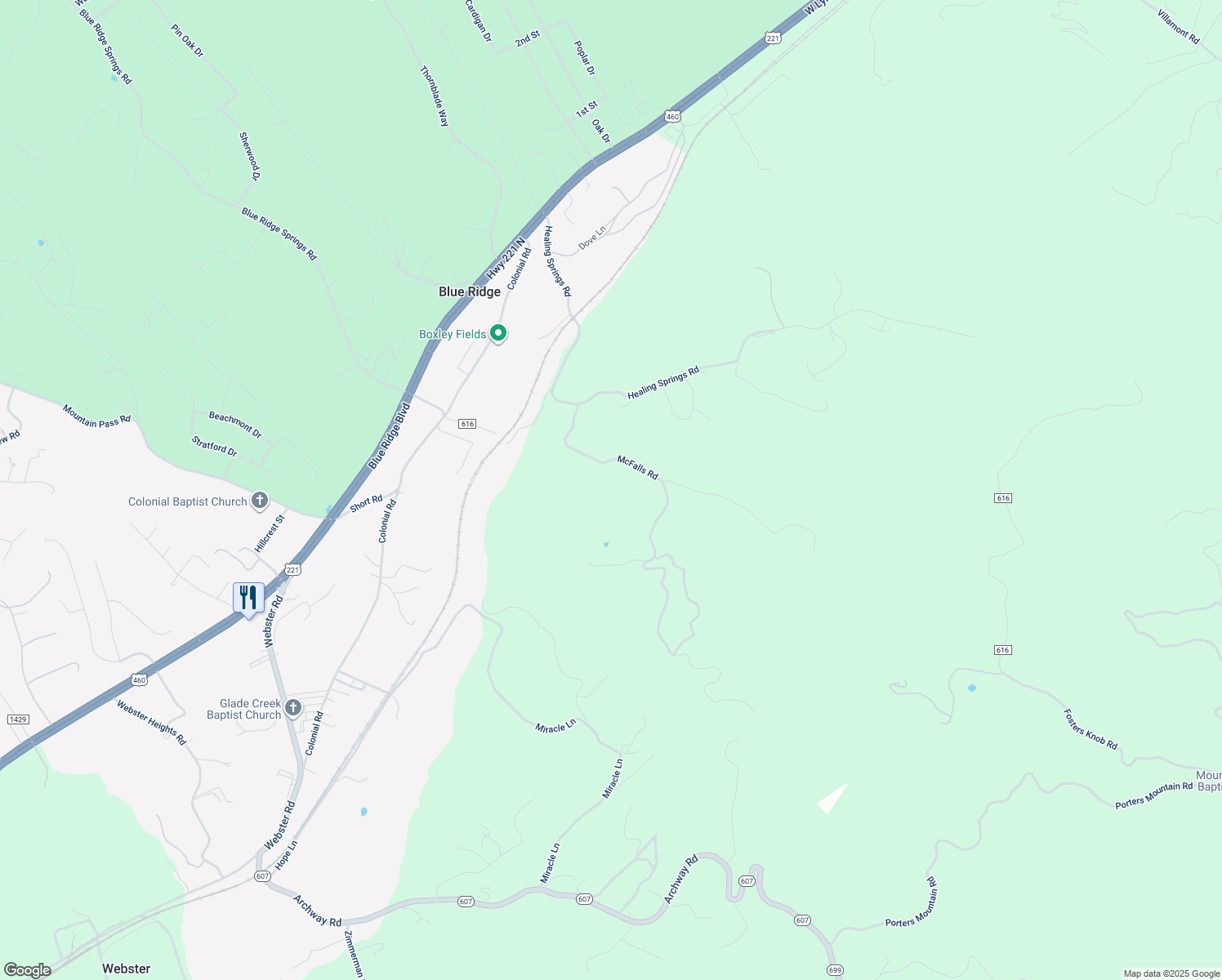 map of restaurants, bars, coffee shops, grocery stores, and more near 366 McFalls Road in Blue Ridge
