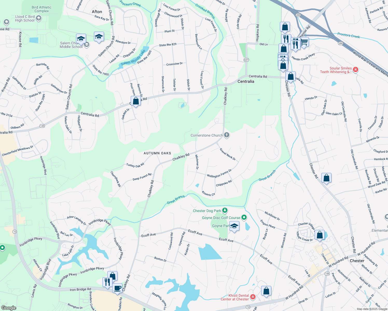 map of restaurants, bars, coffee shops, grocery stores, and more near 10630 Michmar Drive in Chester