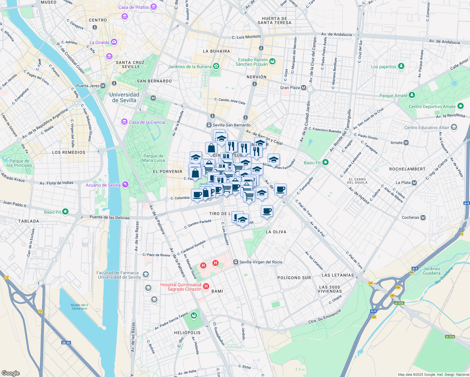 map of restaurants, bars, coffee shops, grocery stores, and more near 1S Calle Almirante Topete in Sevilla