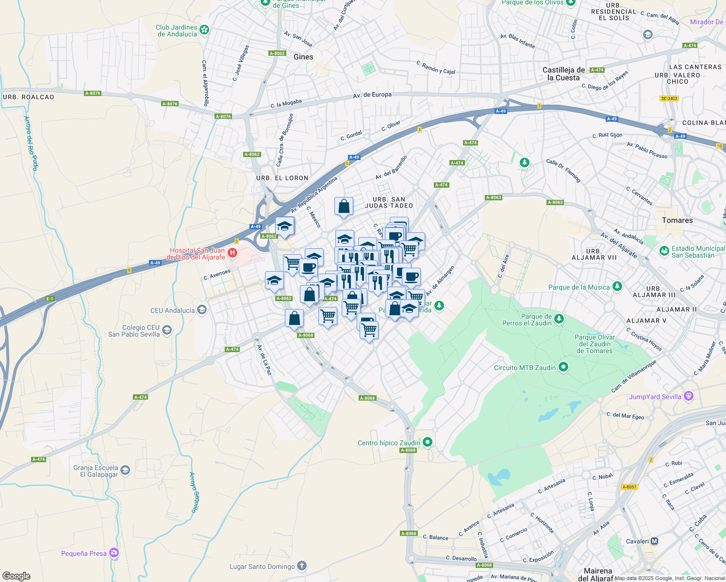 map of restaurants, bars, coffee shops, grocery stores, and more near 15 Calle Ramón y Cajal in Bormujos