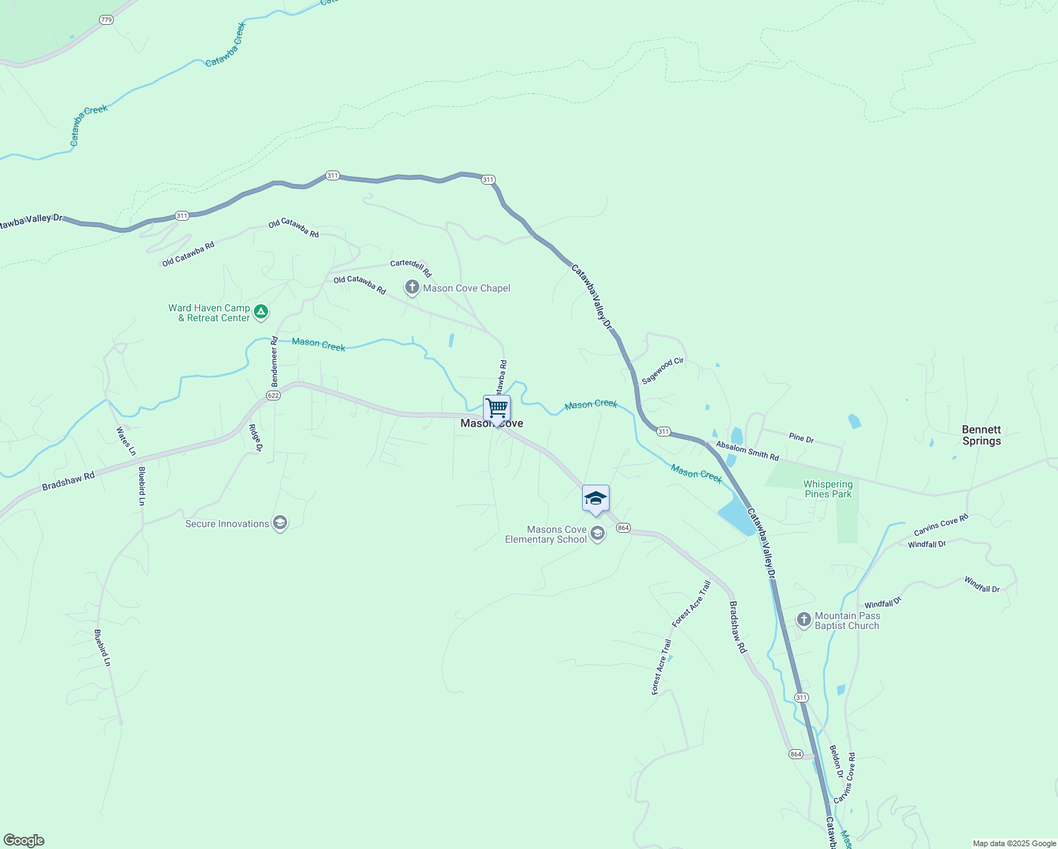 map of restaurants, bars, coffee shops, grocery stores, and more near 3523 Bradshaw Road in Salem
