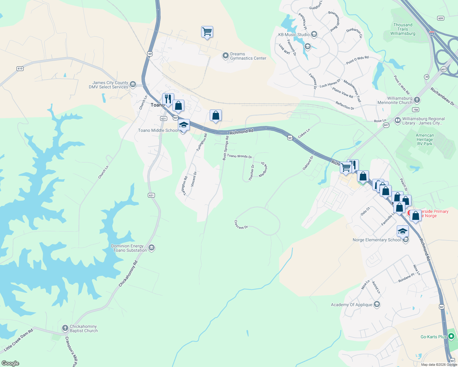 map of restaurants, bars, coffee shops, grocery stores, and more near 155 Bush Springs Rd in James City