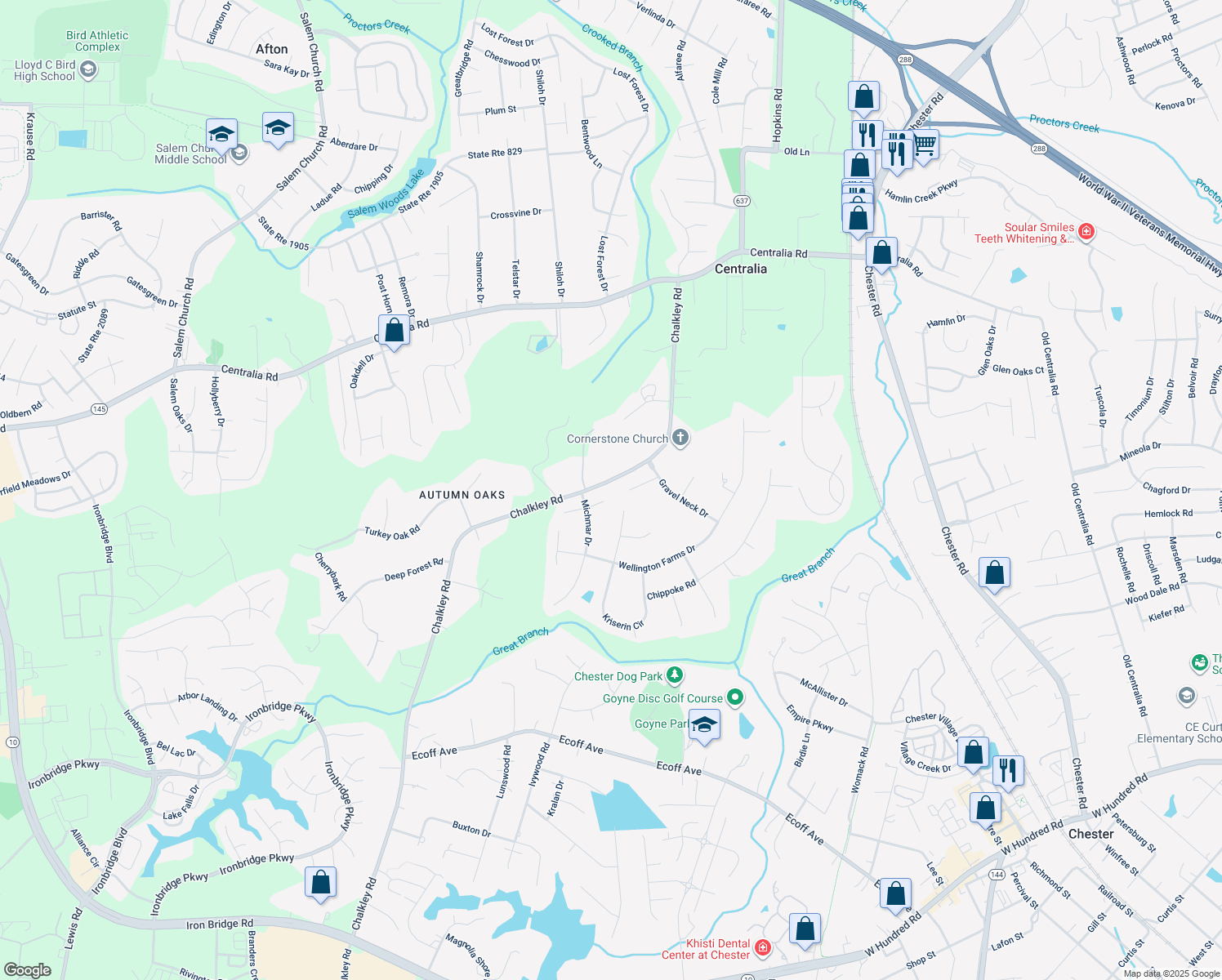 map of restaurants, bars, coffee shops, grocery stores, and more near 10619 Michmar Drive in Chester