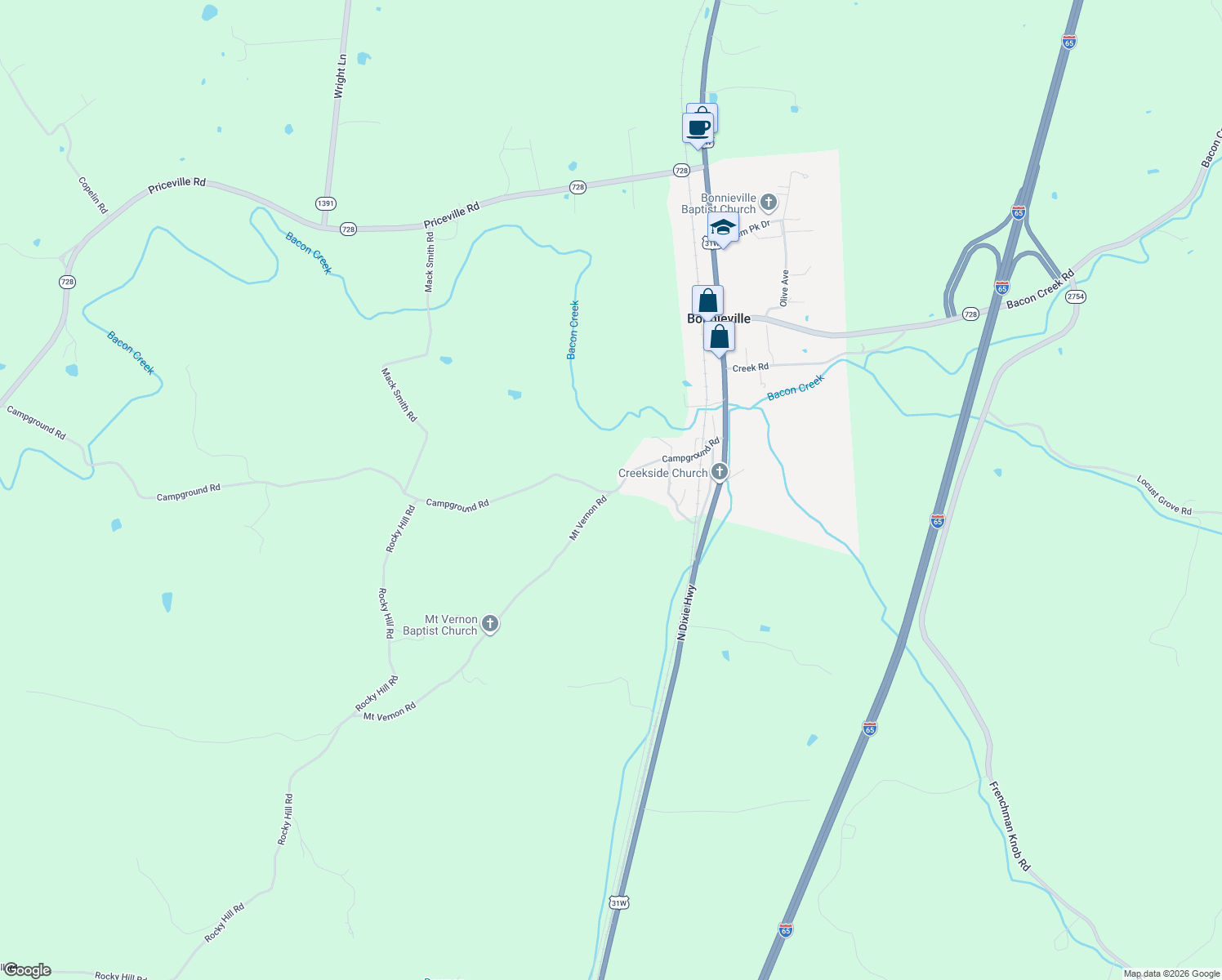 map of restaurants, bars, coffee shops, grocery stores, and more near 345 Campground Rd in Bonnieville