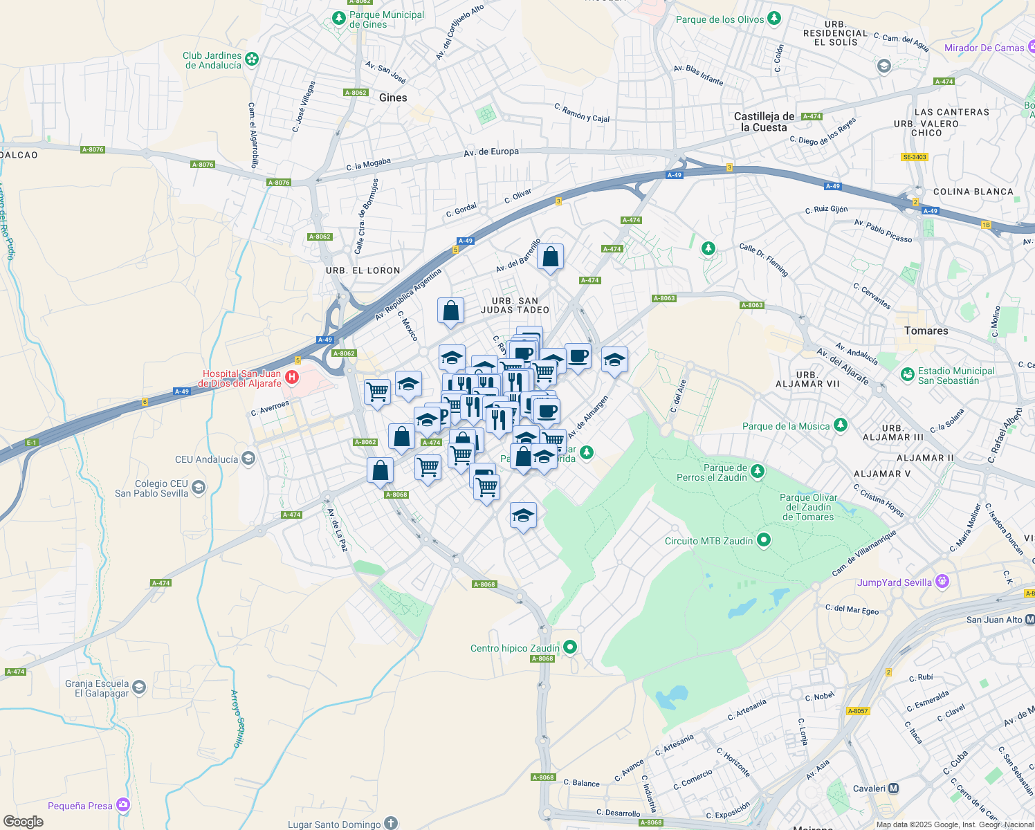 map of restaurants, bars, coffee shops, grocery stores, and more near N° 34 Calle Vicente Aleixandre in Bormujos