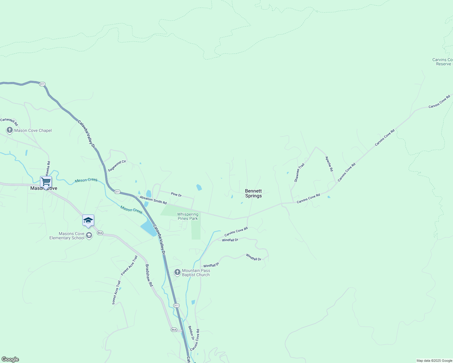map of restaurants, bars, coffee shops, grocery stores, and more near 3576 Bennett Springs Road in Salem