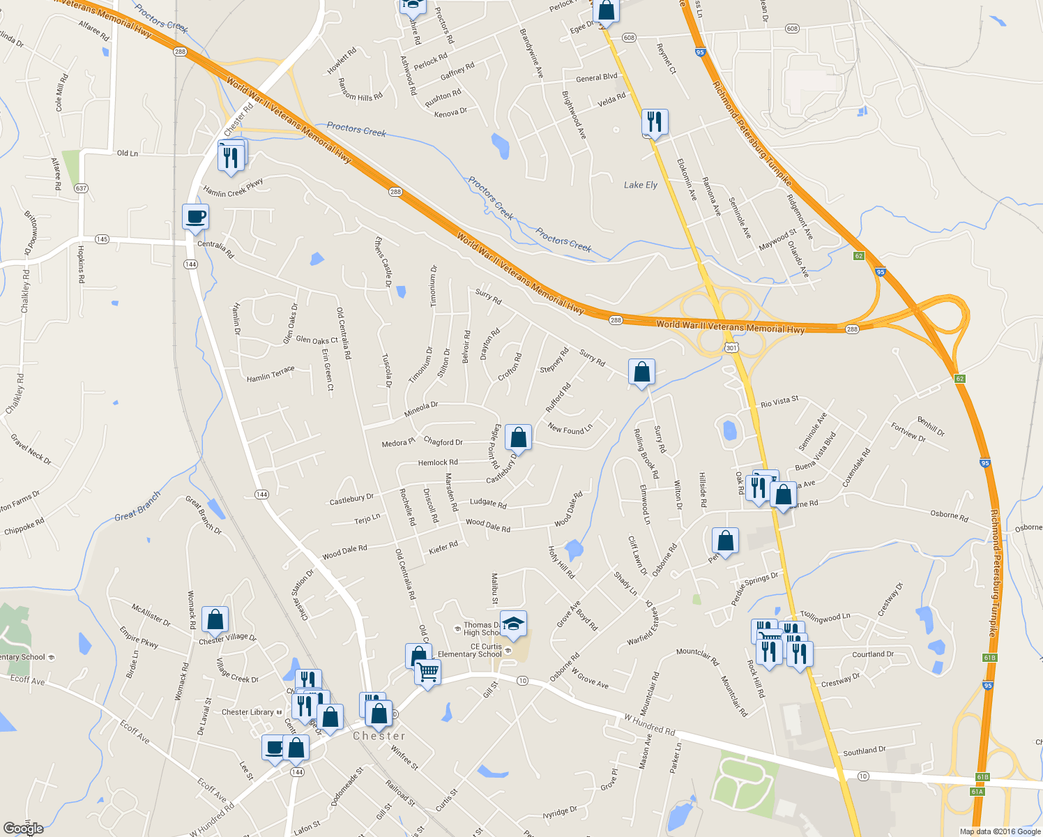 map of restaurants, bars, coffee shops, grocery stores, and more near 10970 Weybridge Road in Chester