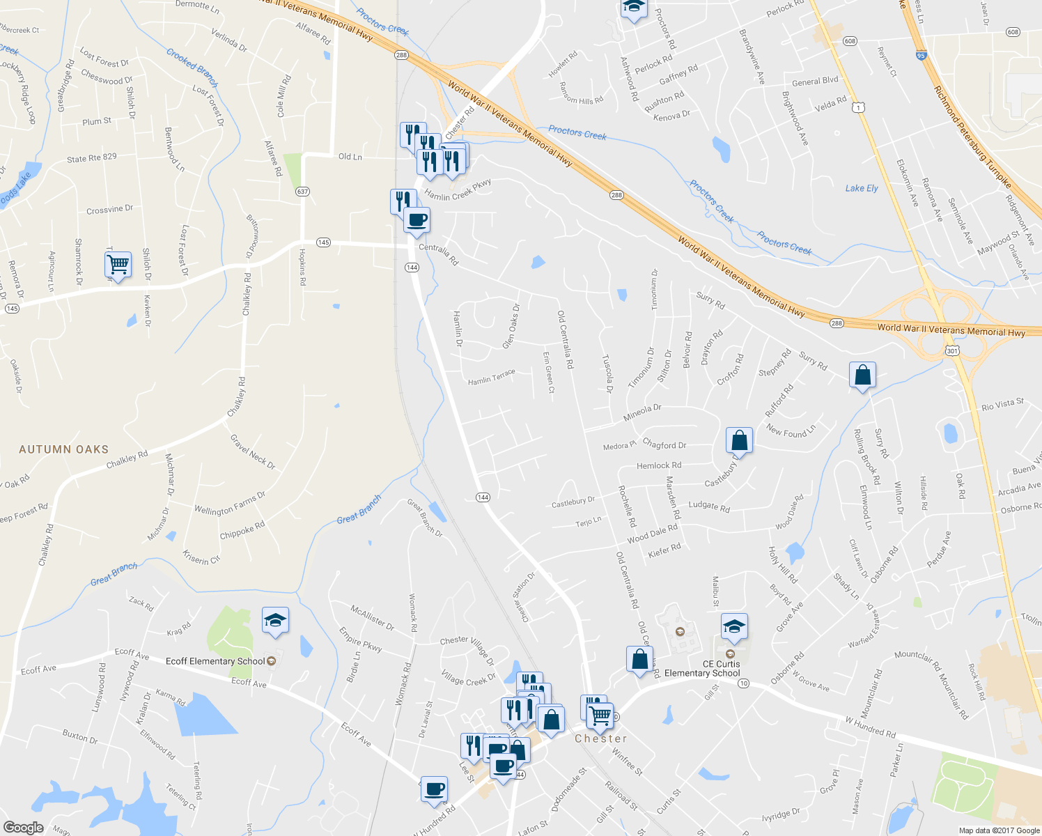 map of restaurants, bars, coffee shops, grocery stores, and more near 11000 Royal Mews Court in Chester