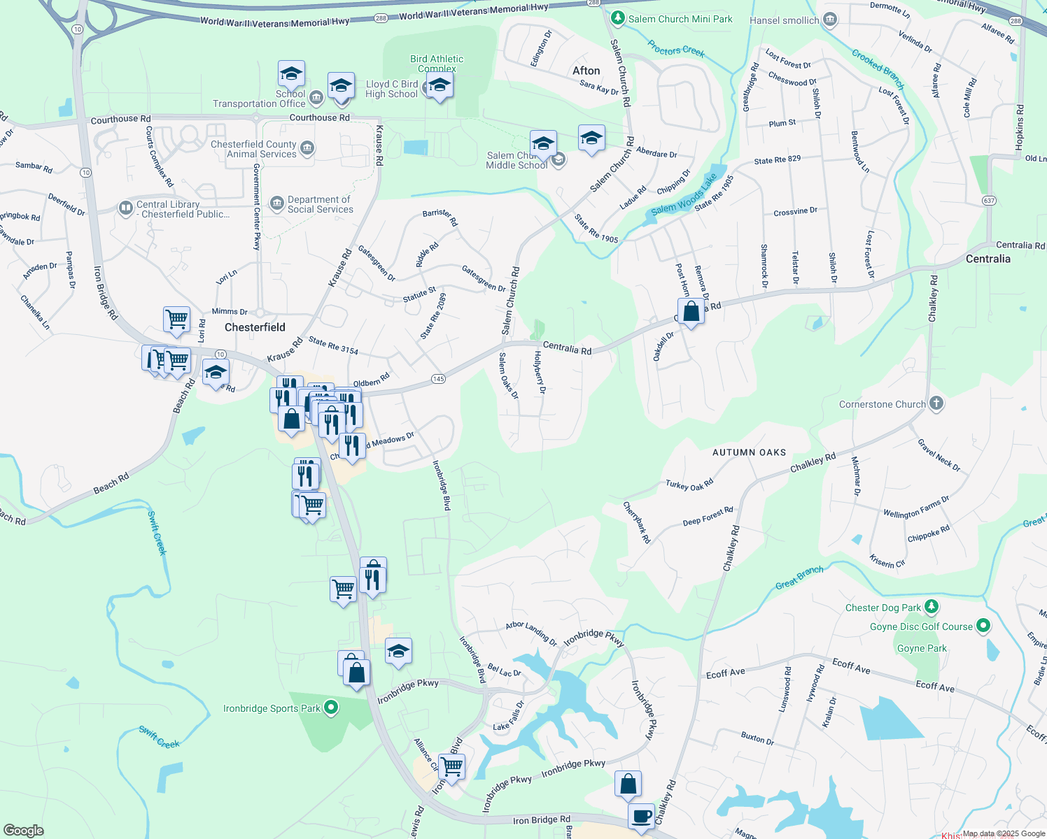 map of restaurants, bars, coffee shops, grocery stores, and more near 10401 Salem Oaks Drive in Richmond