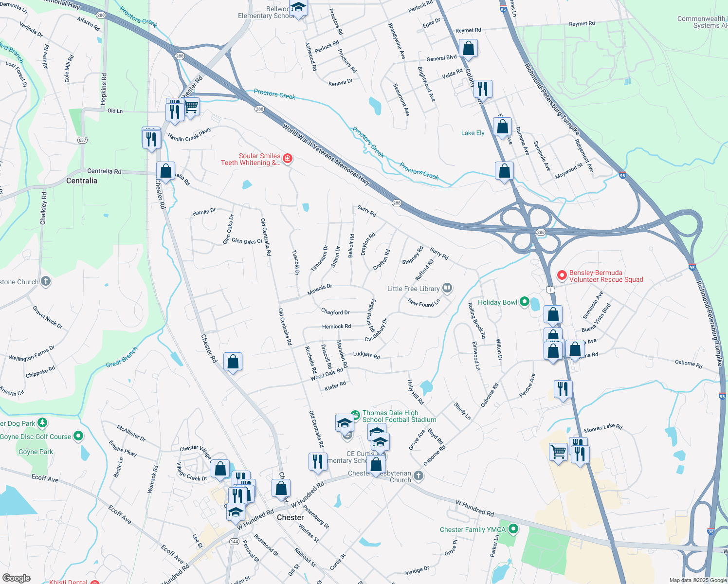 map of restaurants, bars, coffee shops, grocery stores, and more near 11200 Eagle Point Road in Chester