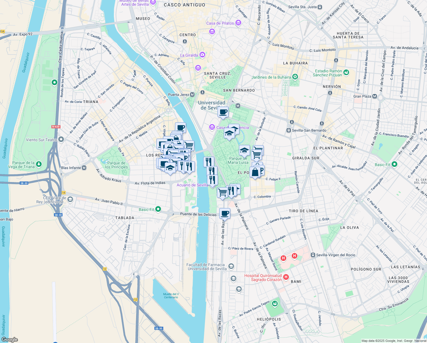map of restaurants, bars, coffee shops, grocery stores, and more near 1 Avenida Santiago Montoto in Sevilla