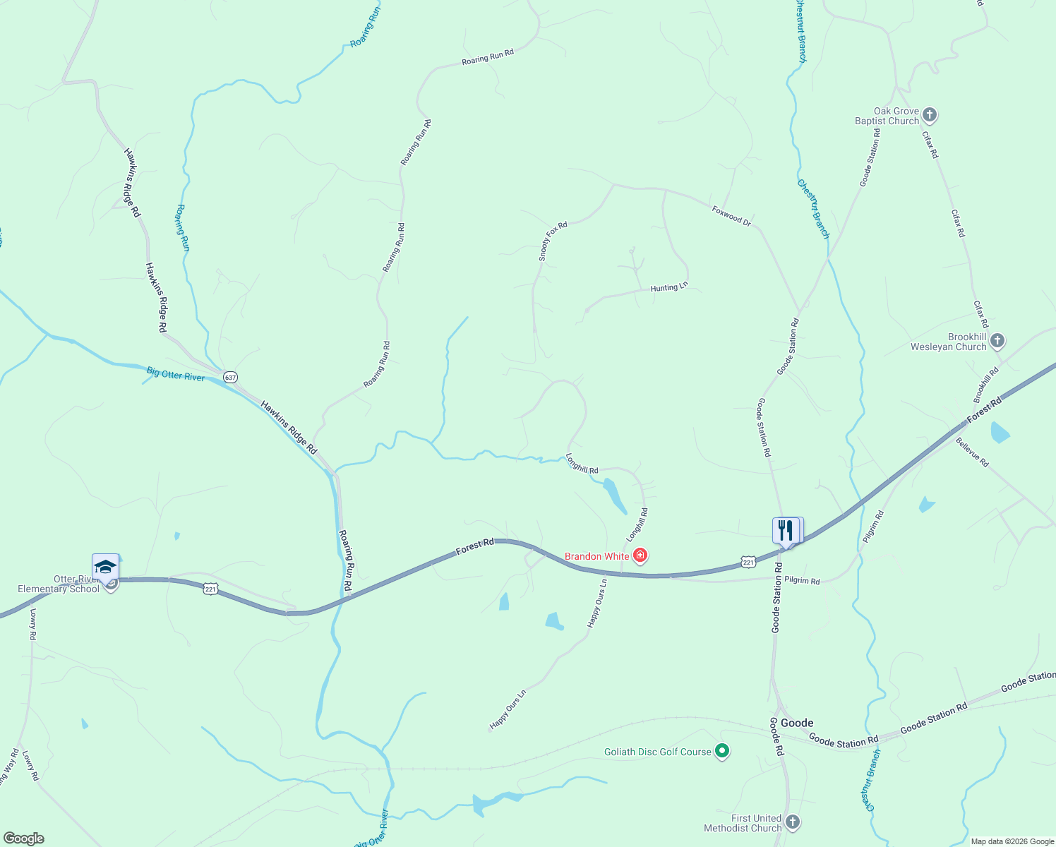 map of restaurants, bars, coffee shops, grocery stores, and more near 316 Longhill Road in Goode