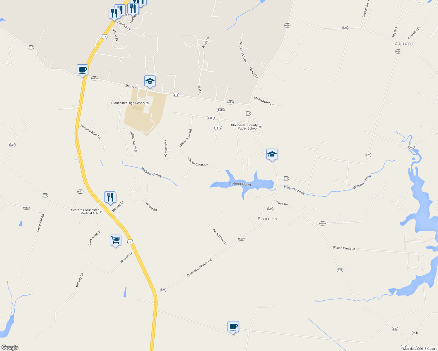 map of restaurants, bars, coffee shops, grocery stores, and more near 6960 Hidden Brook Lane in Gloucester Courthouse