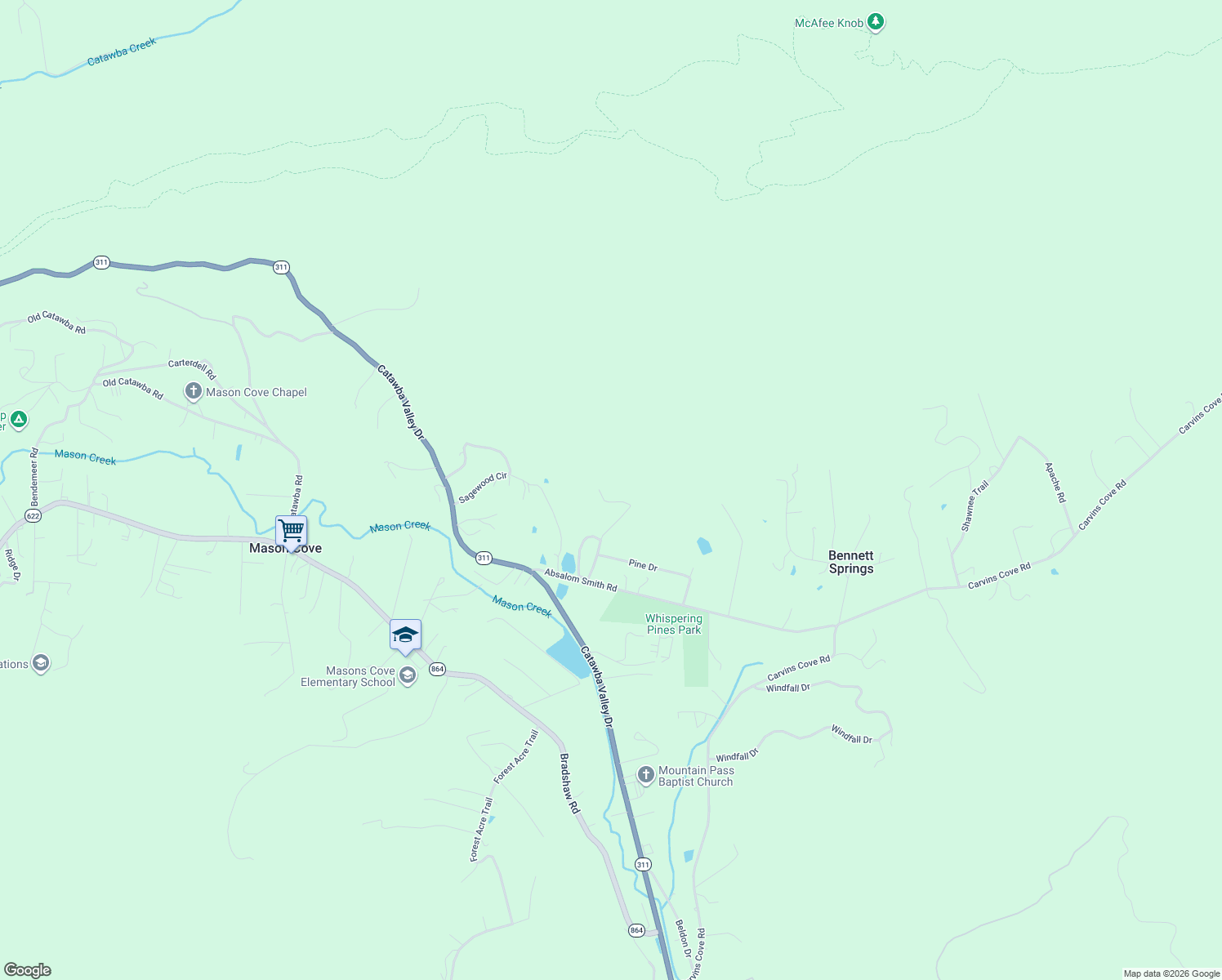 map of restaurants, bars, coffee shops, grocery stores, and more near 3282 Absalom Smith Road in Salem