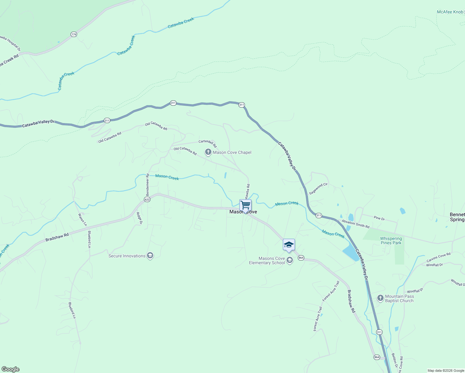 map of restaurants, bars, coffee shops, grocery stores, and more near 3662 Old Catawba Rd in Salem