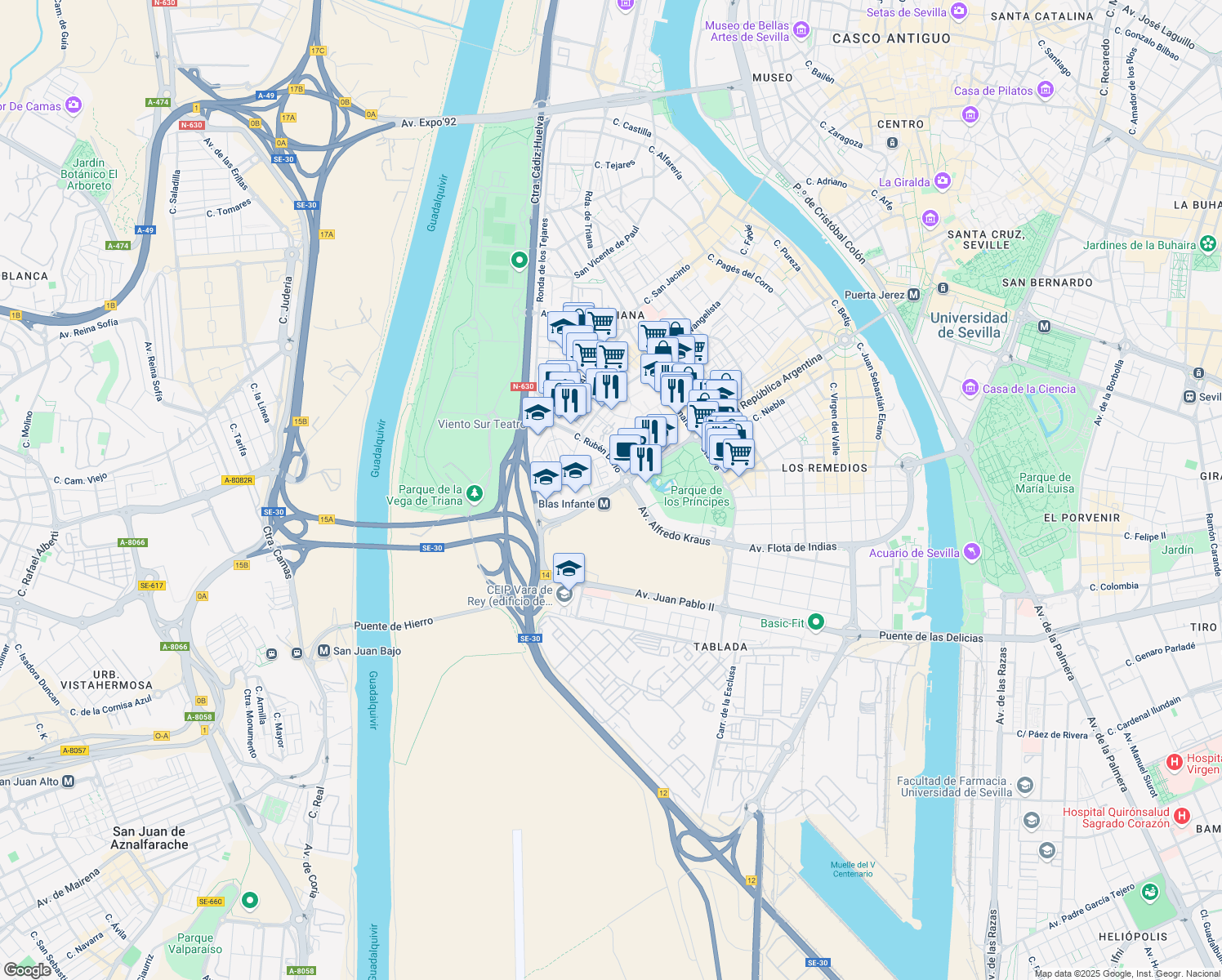 map of restaurants, bars, coffee shops, grocery stores, and more near 12 Avenida Blas Infante in Sevilla
