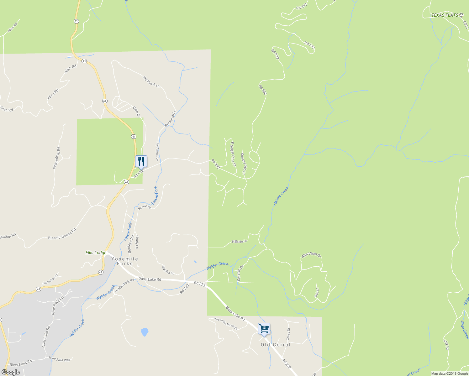 map of restaurants, bars, coffee shops, grocery stores, and more near 42907 Country Club Drive West in Oakhurst