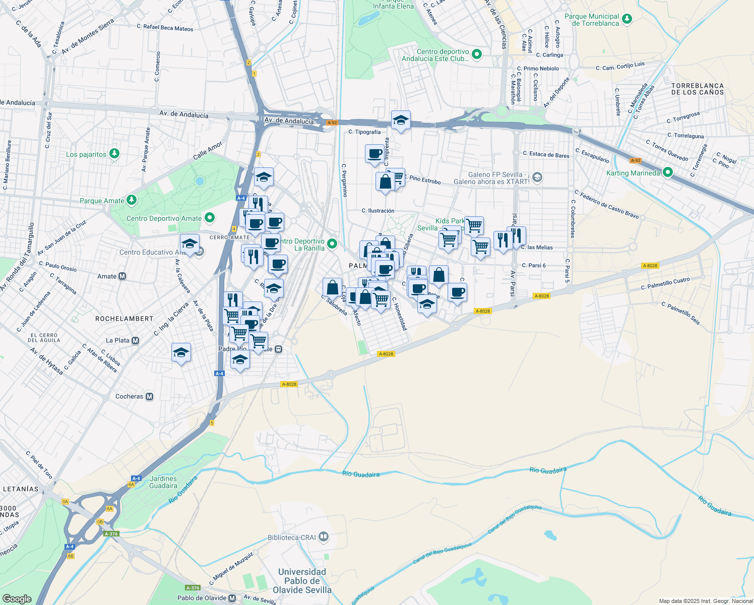 map of restaurants, bars, coffee shops, grocery stores, and more near 36 Calle Sinceridad in Sevilla