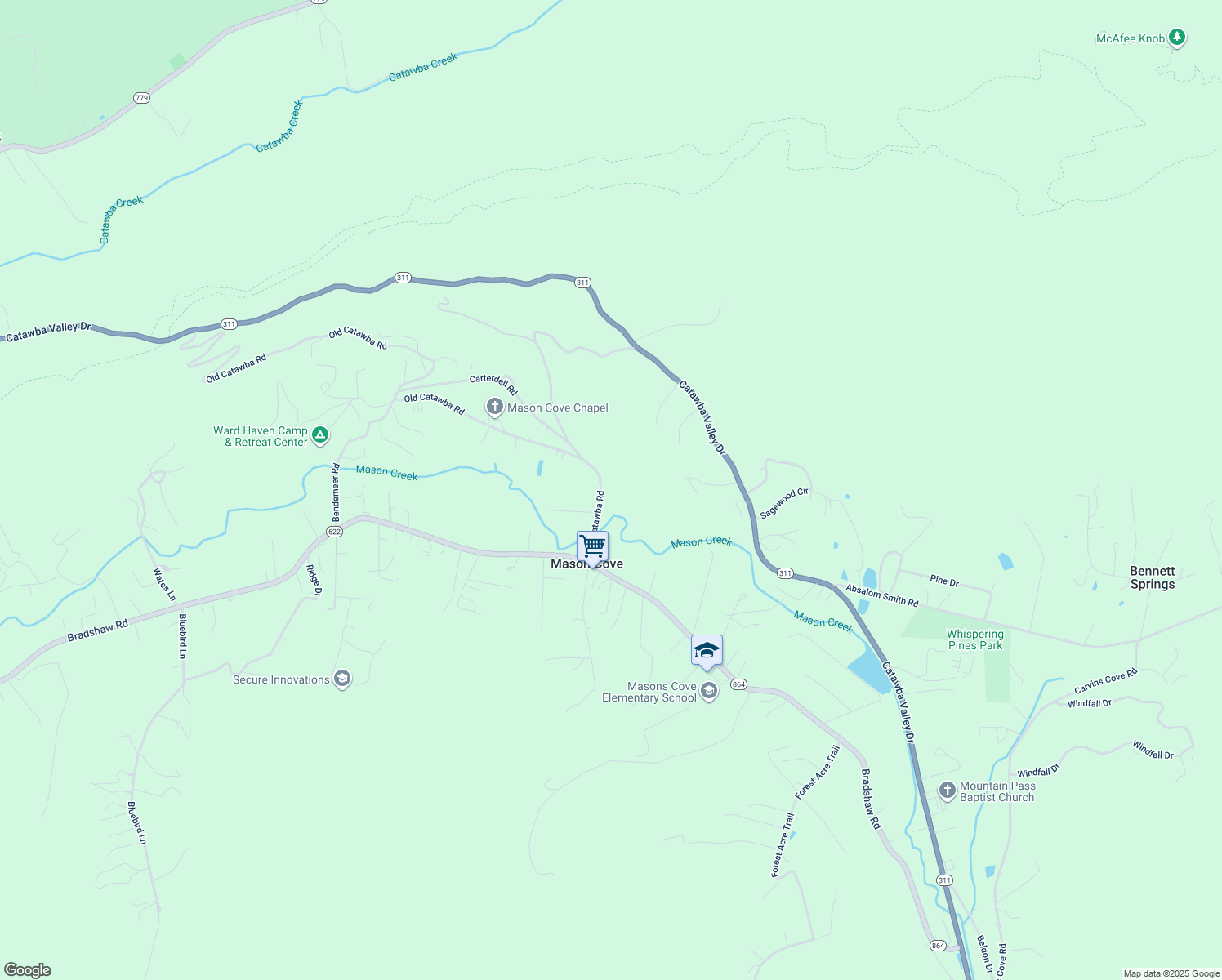 map of restaurants, bars, coffee shops, grocery stores, and more near 3695 Old Catawba Rd in Salem