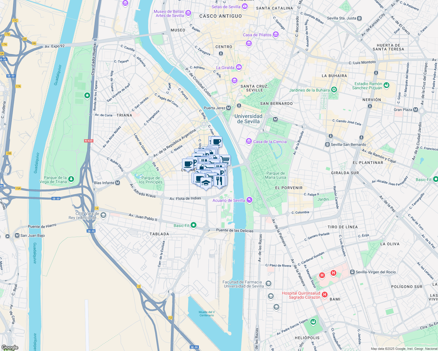map of restaurants, bars, coffee shops, grocery stores, and more near 5a Calle Virgen de Robledo in Sevilla