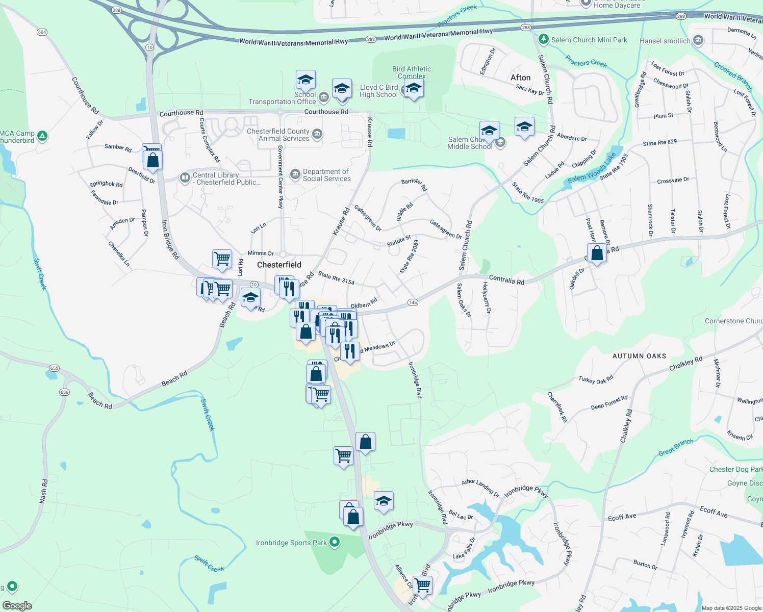 map of restaurants, bars, coffee shops, grocery stores, and more near 9912 Oldbern Court in Chesterfield