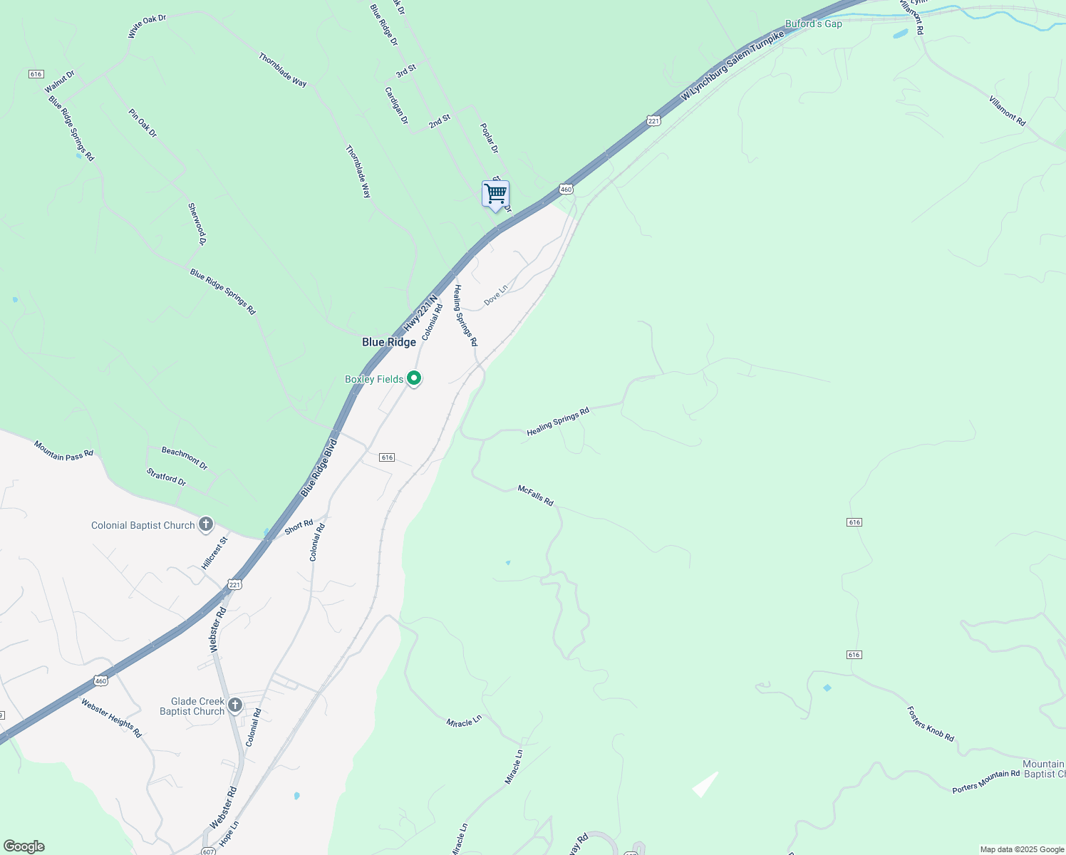 map of restaurants, bars, coffee shops, grocery stores, and more near 843 Healing Springs Road in Blue Ridge