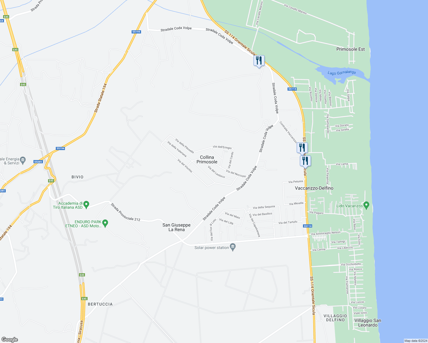 map of restaurants, bars, coffee shops, grocery stores, and more near 24 Via del Lentisco in Collina Primosole